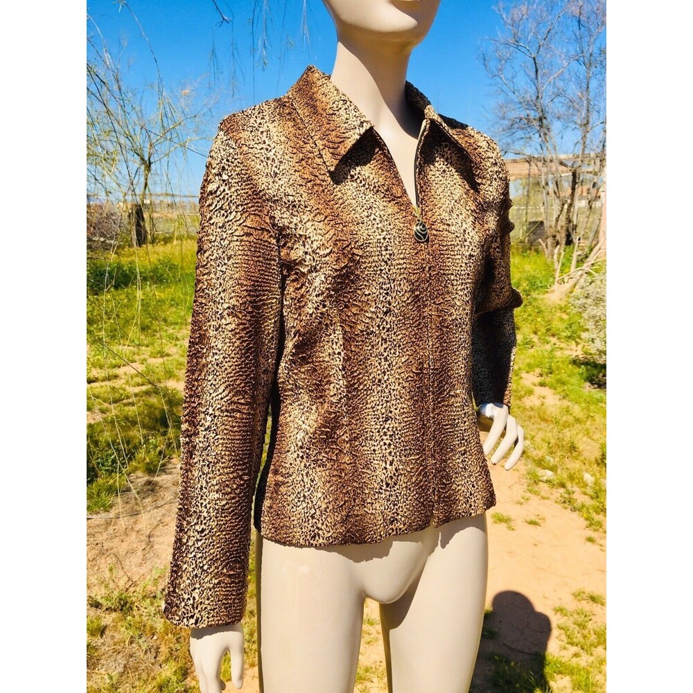 Vintage 90s Joseph Ribkoff Crinkle Cheetah Leopard Print Zip-Up Jacket Size 10
